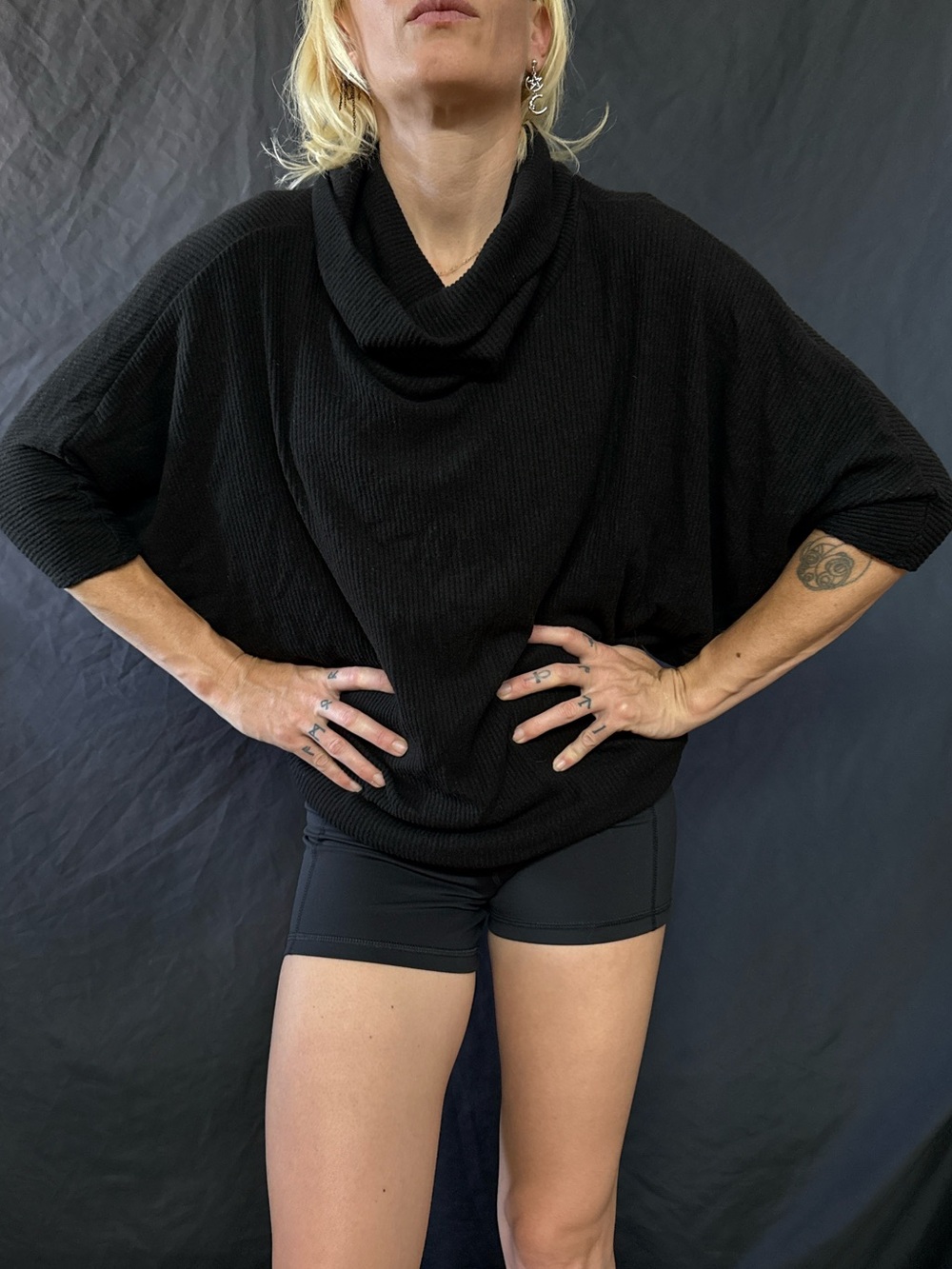 Relaxed Black Cowl-Neck Sweater - Draped Batwing Silhouette